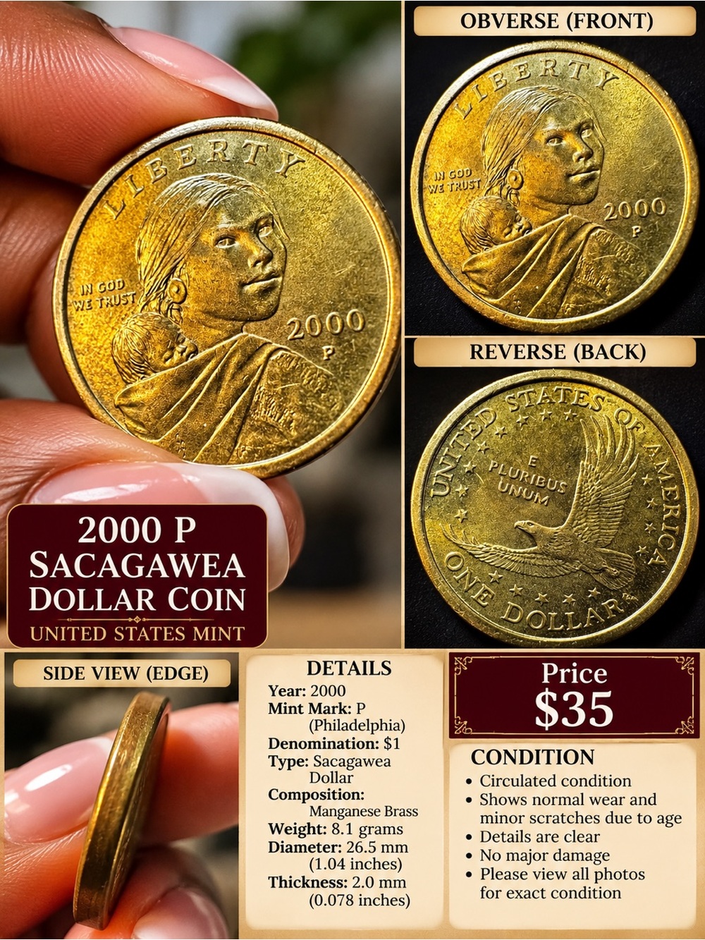 2000 P Sacagawea Dollar Coin - Gold-Tone